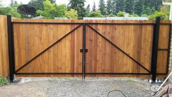 metal, gate, steel, black paint, cedar, wood, gate, fence,